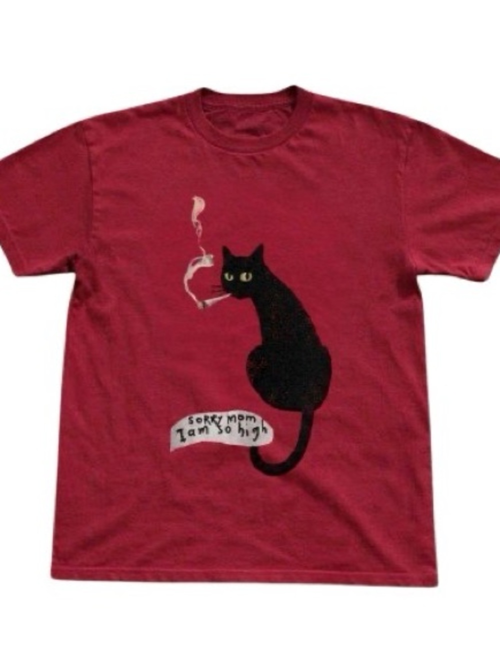 Red Tee with Black Cat Graphic, Cat smoking shirt